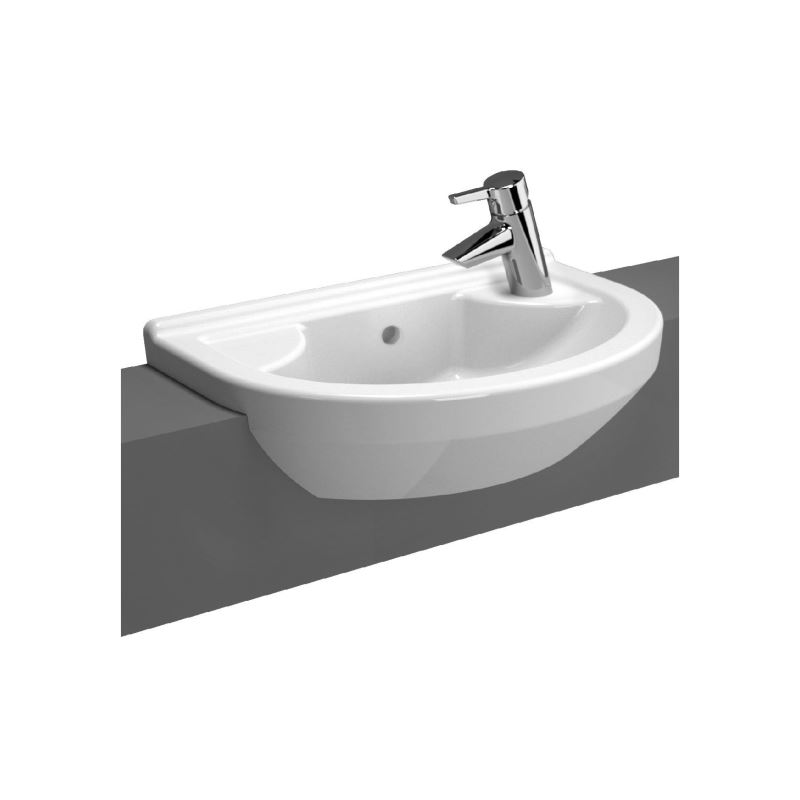 S50 Round Compact Semi-Recessed Washbasin1 Tap Hole, With Overflow Hole, 55 cm, White, Right-Hand
