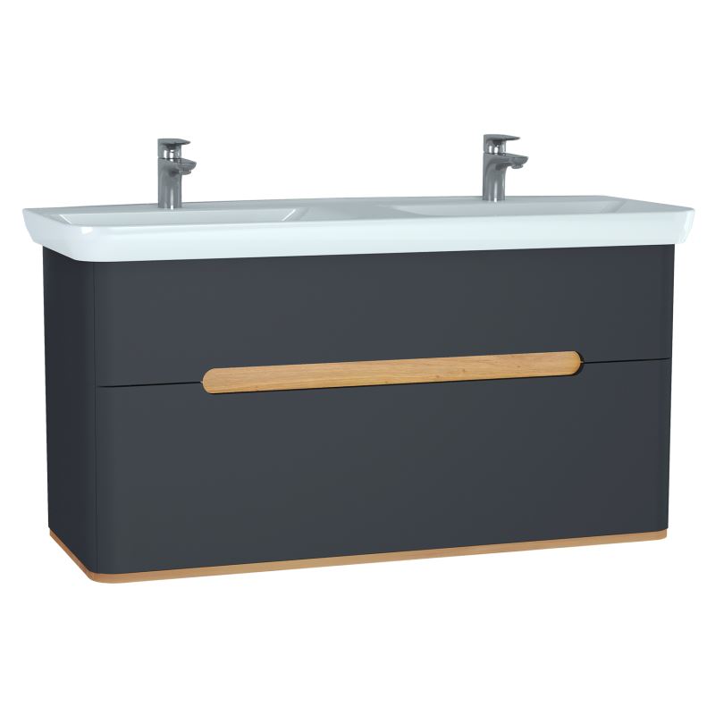 Sento Double Washbasin Unit130 cm, with 2 drawers, with double washbasins, without legs, Matt Anthracite