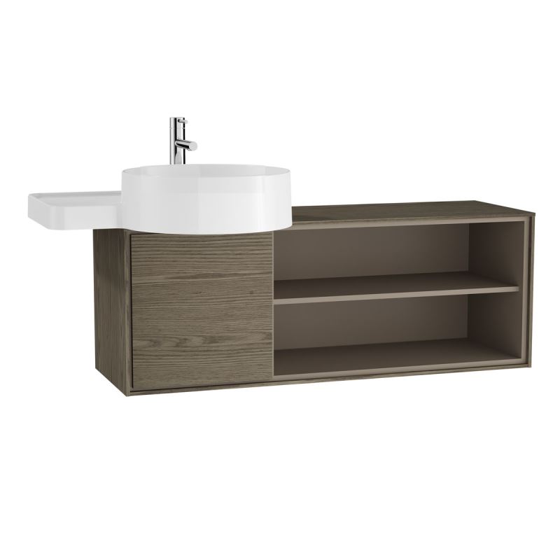Voyage Washbasin Unit100 cm, for Countertop Washbasin, with Doors & Shelves, Planked Sand & Taupe, Left