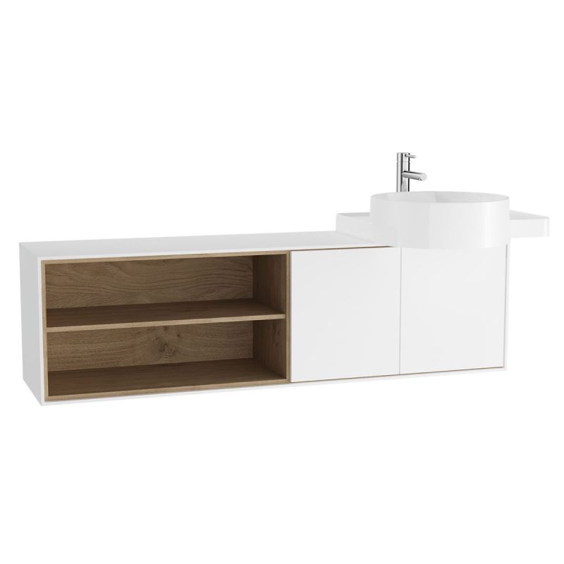 Voyage Washbasin Unit130 cm, for Countertop Washbasin, with Doors & Shelves, Matte White & Natural Oak, Right