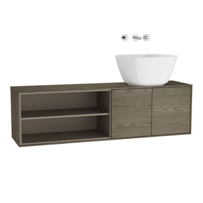 Voyage Washbasin Unit130 cm, for Bowls, with Doors & Shelves, Planked Sand & Taupe, Right