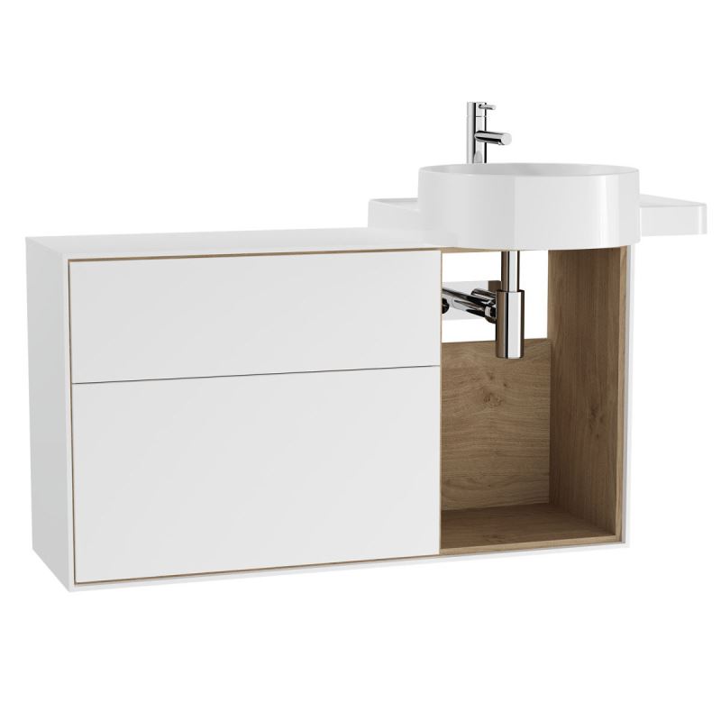 Voyage Washbasin Unit100 cm, for Countertop Washbasin, with Drawers & Shelves, Matte White & Natural Oak, Right