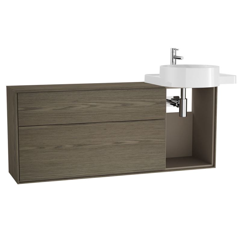 Voyage Washbasin Unit130 cm, for Countertop Washbasin, with Drawers & Shelves, Matte White & Taupe, Right