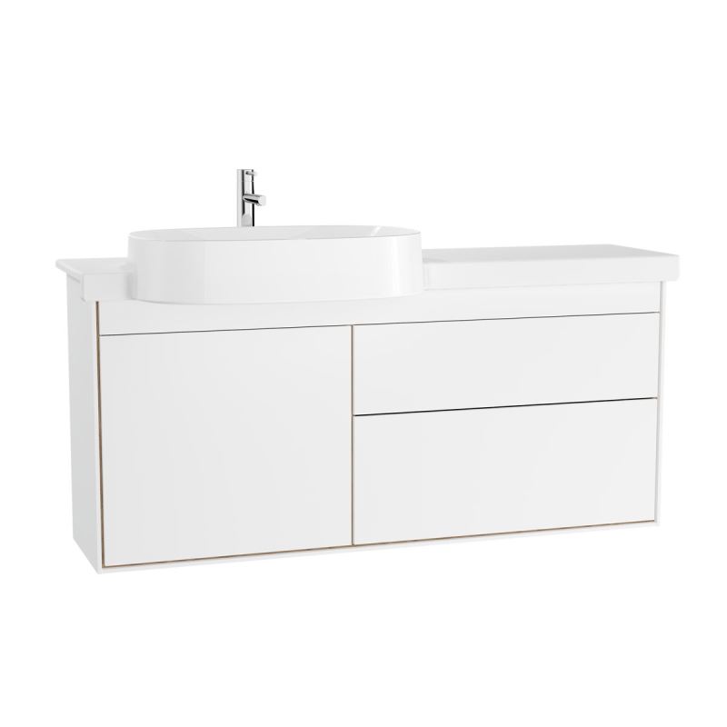 Voyage Washbasin Unit130 cm, with ceramic vanity, with Drawers, Matte White & Natural Oak