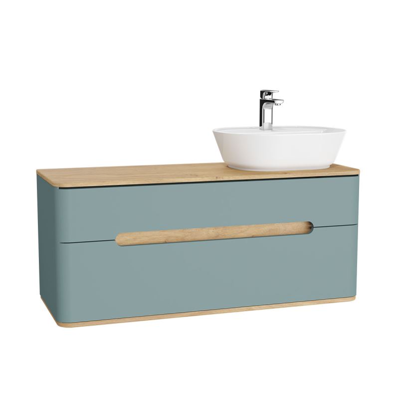 Sento Washbasin Unit120 cm, for countertop basin, with 2 drawers, with washbasin, right, without legs, Matt Fjord Green