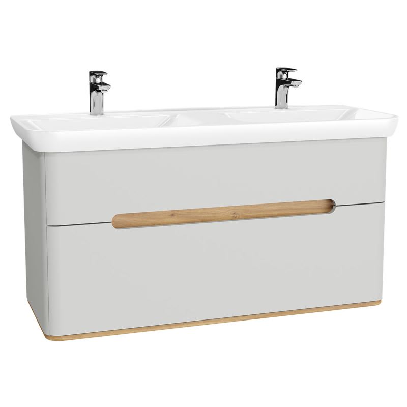 Sento Washbasin Unit130 cm, with 2 drawers, with double washbasins, without legs, Matt Light Grey