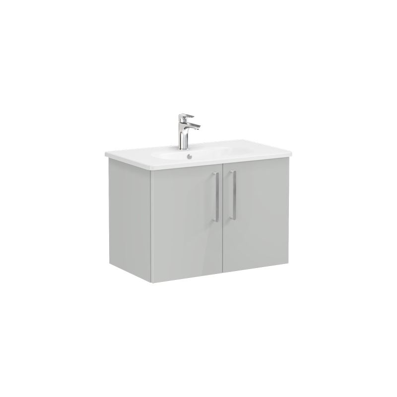 Root Flat Washbasin Unit80cm, High Gloss Pearl Grey, with doors