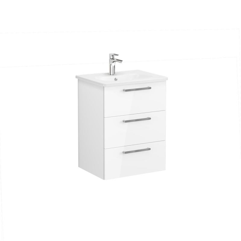 Root Flat Washbasin Unit60cm, High Gloss White, with three drawers