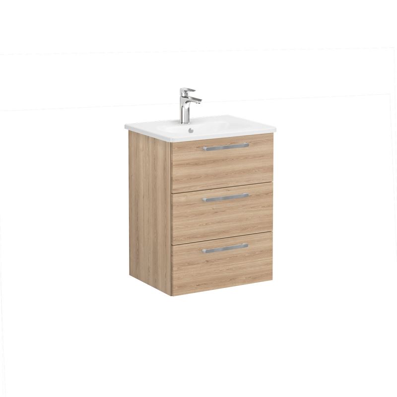 Root Flat Washbasin Unit60cm, Natural Oak, with three drawers