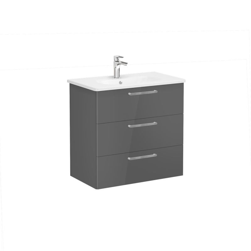 Root Flat Washbasin Unit80cm,High Gloss Anthracite, with three drawers