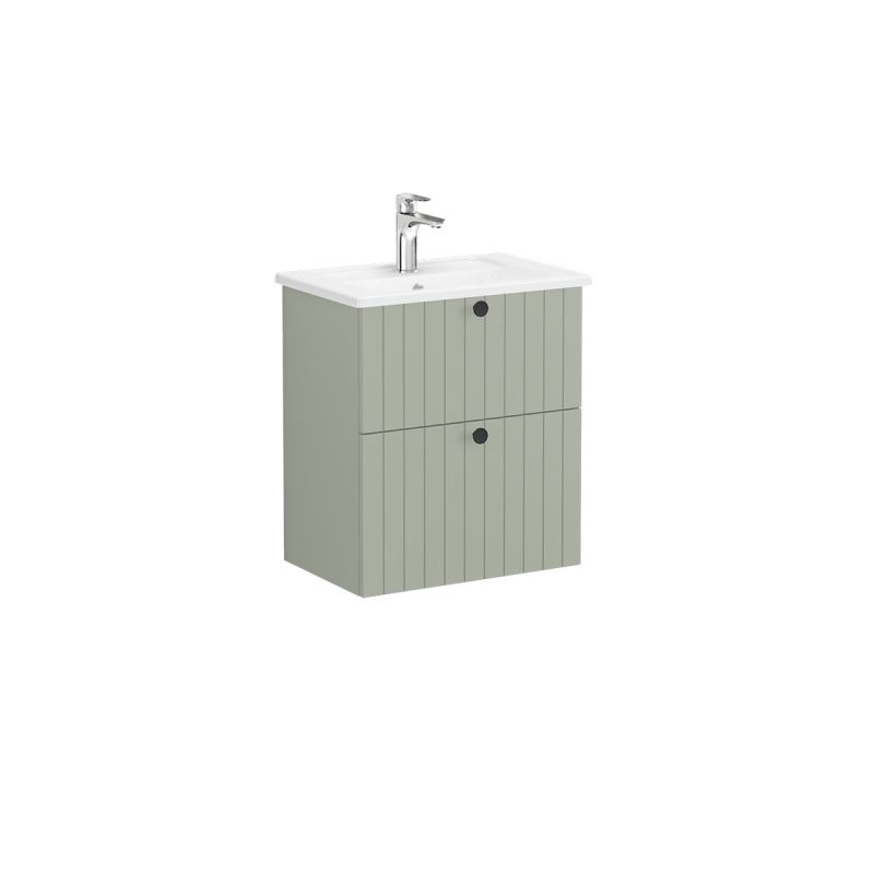 Root Groove Washbasin Unit60cm, compact, Matt Retro Green, with two drawers